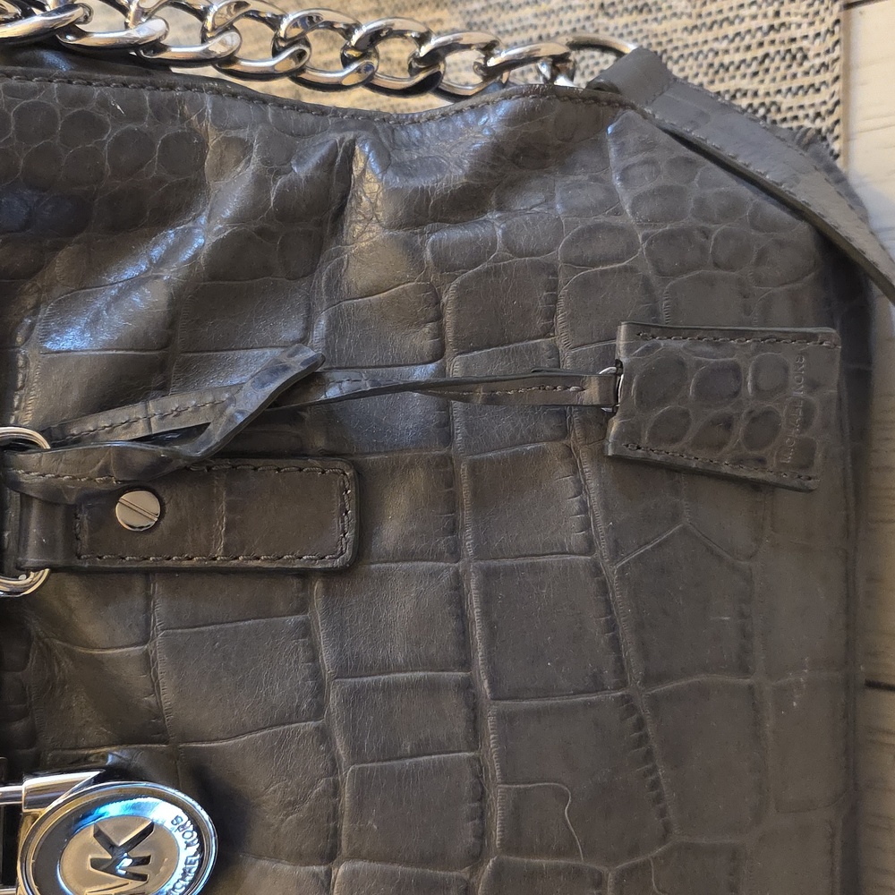 Michael Kors Dillon  Gray Crocodile-Embossed Large Shoulder Bag Satchel - Picture 13 of 14